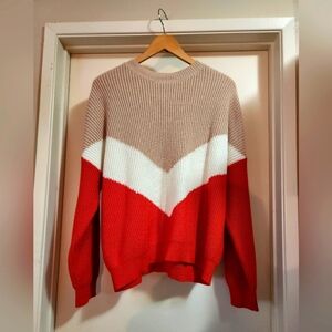 Vici Chevron Colorblock Sweater Oversized Relaxed Fit Red Tan White Small‎